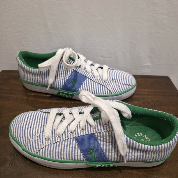 Polo Ralph Lauren Shoes - Polo Ralph Lauren Seersucker Sneakers Blue White Stripe Green Pony Size 9B Prep